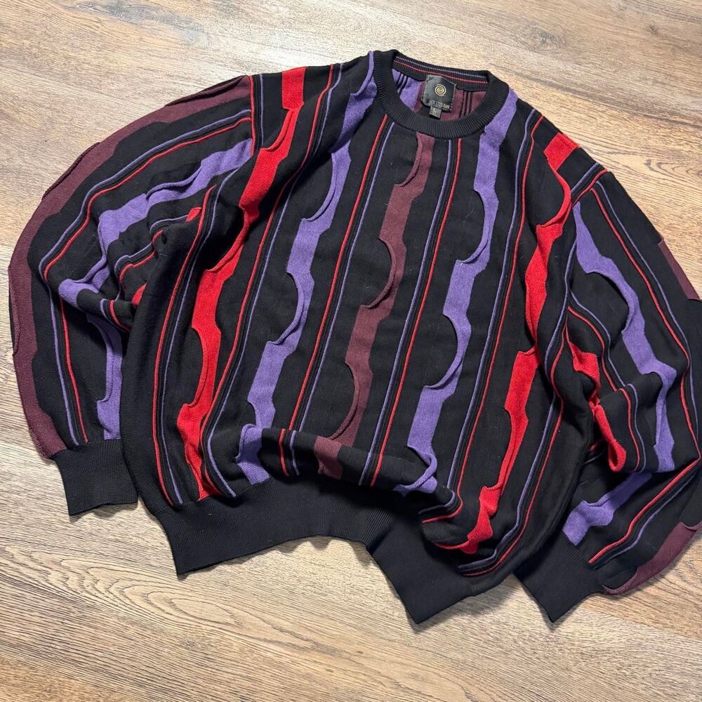 Vintage 1990’s Y2K Coogie Style Abstract Striped Sweater Size L Black Purple Red - Picture 2 of 6